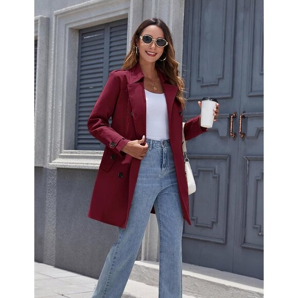 Women's Wine Red Waterproof Trench Coat with Classic Lapel and Belted Design - Picture 4 of 7